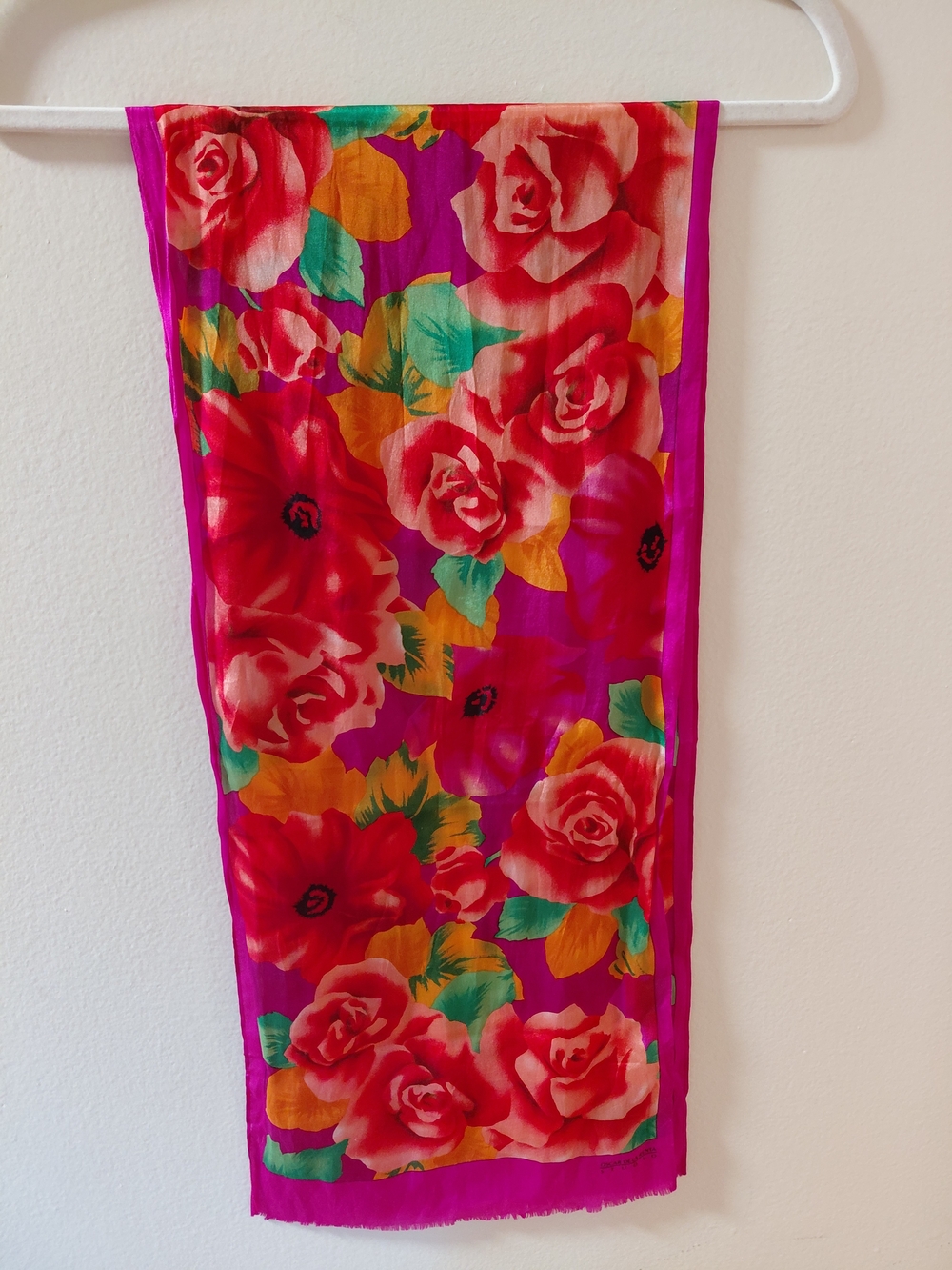 Oscar de la Renta Fuchsia and Red Floral Silk Scarf